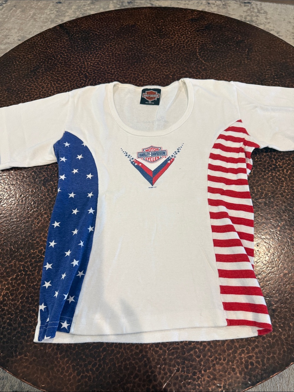Harley-Davidson White Short Sleeve Tee with Red Stripes & Blue Star Panel